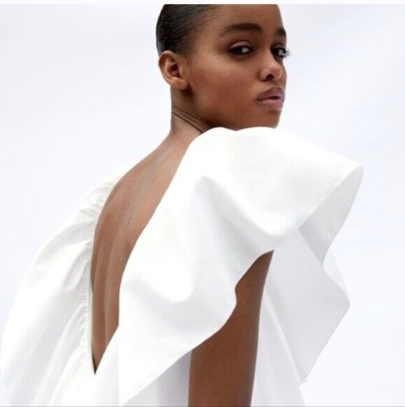 ZARA Deep V Neck Statement Ruffle Neckline One Piece Suit/bodysuit. White.SM - Picture 8 of 16
